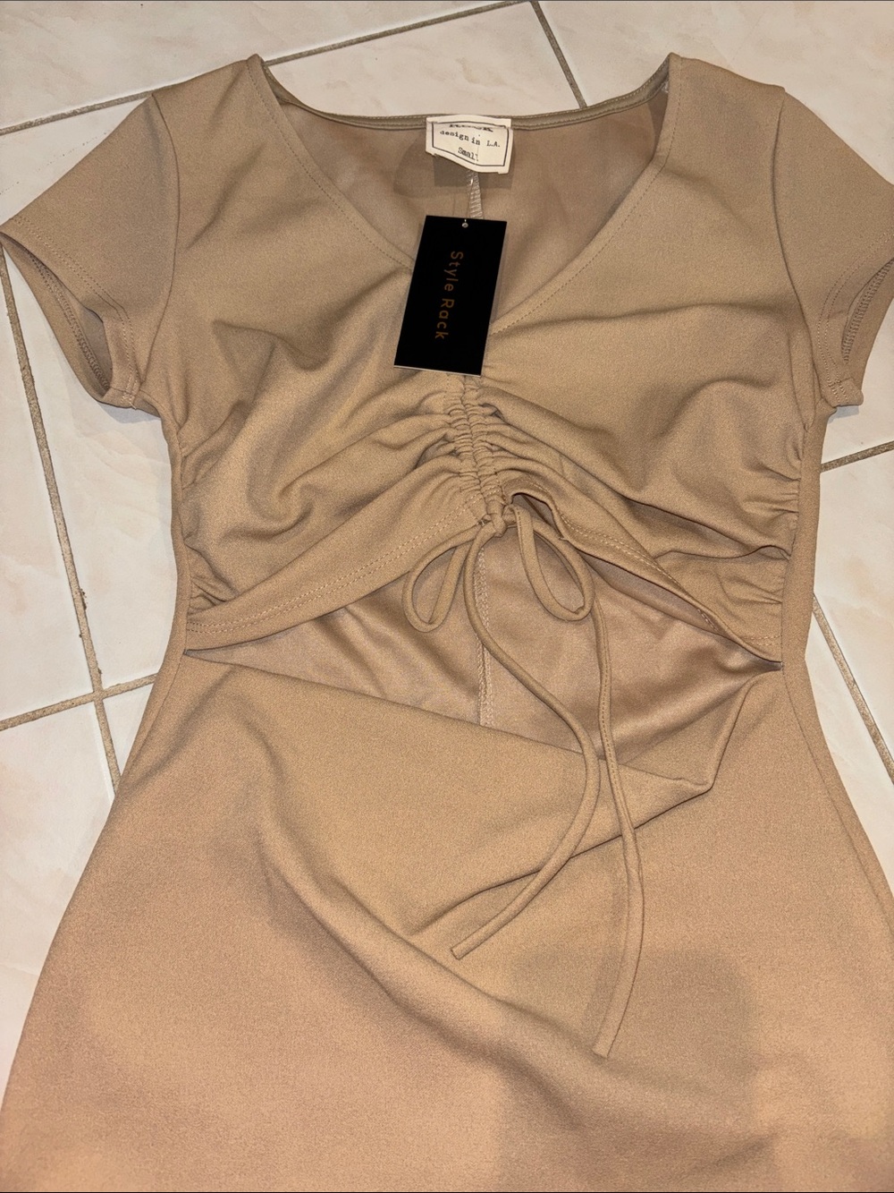 Style Rack Tan Ruched Front Cap Sleeve Mini Dress - Picture 2 of 5